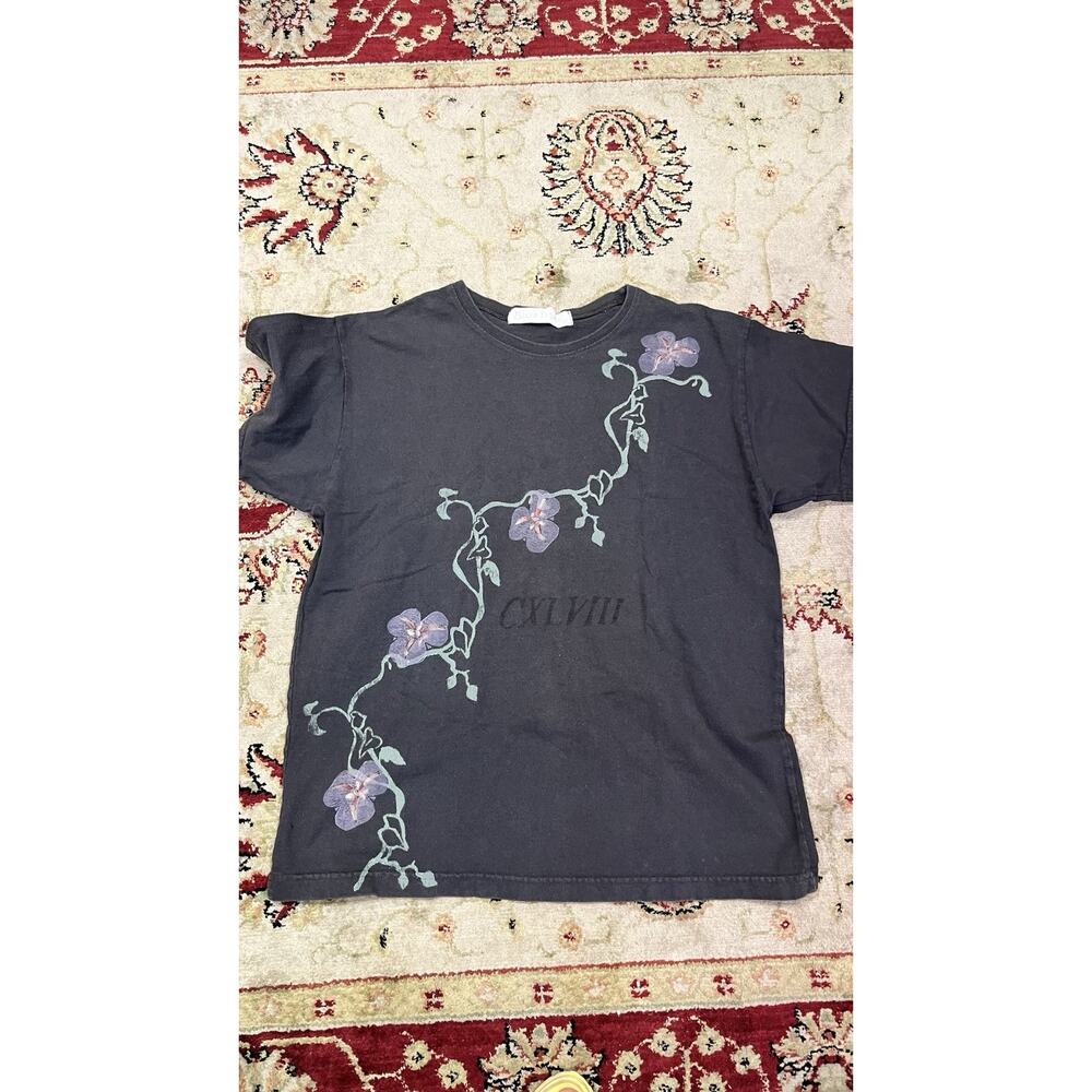 Vtg 1998 Blue Fish Raven Charcoal Hand Painted Botanical Art Shirt Sz S